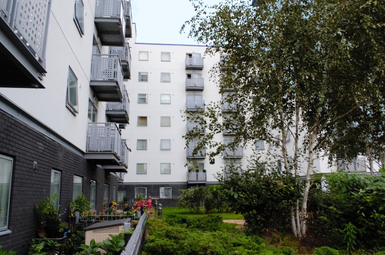 Tall building behind court yard garden